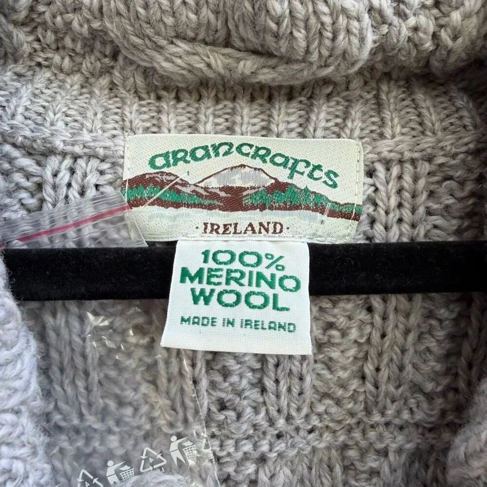 Aran Crafts Women's Merino Wool Cable Knit Full Zip Cardigan Gray XL NWOT